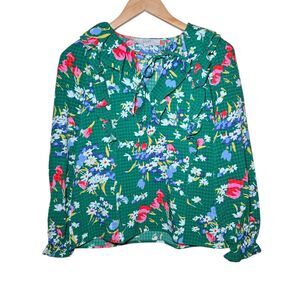 LOFT Green Floral Bouquet Ruffle Tie-Neck Blouse Women's XS Petite Long Sleeve